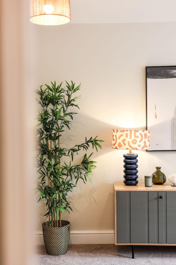 A stylish accent vignette in a Huntingdon, York property staged by WildKind Interiors. The scene features a tall potted plant beside a modern grey console cabinet topped with a patterned...