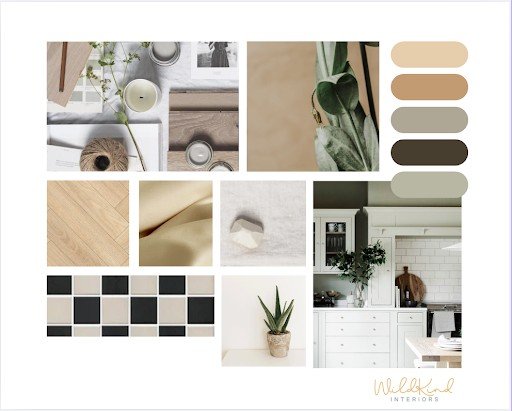 Mood board featuring neutral tones, textures, plants, and home interiors. Includes fabric, wood, checkered tiles, and "WildKind Interiors" text.
