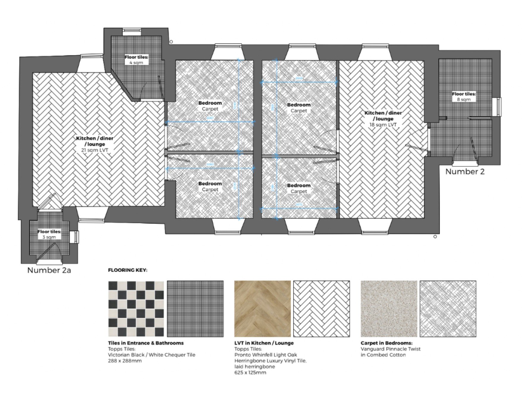 Floor plan of two units with labeled rooms: kitchen/diner, lounge, and bedrooms. Flooring key shows tile patterns and materials.