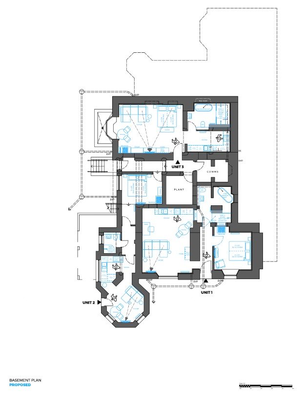Architectural blueprint of a proposed basement plan with labeled units and rooms, showing furniture layout in blue and structural details in black.