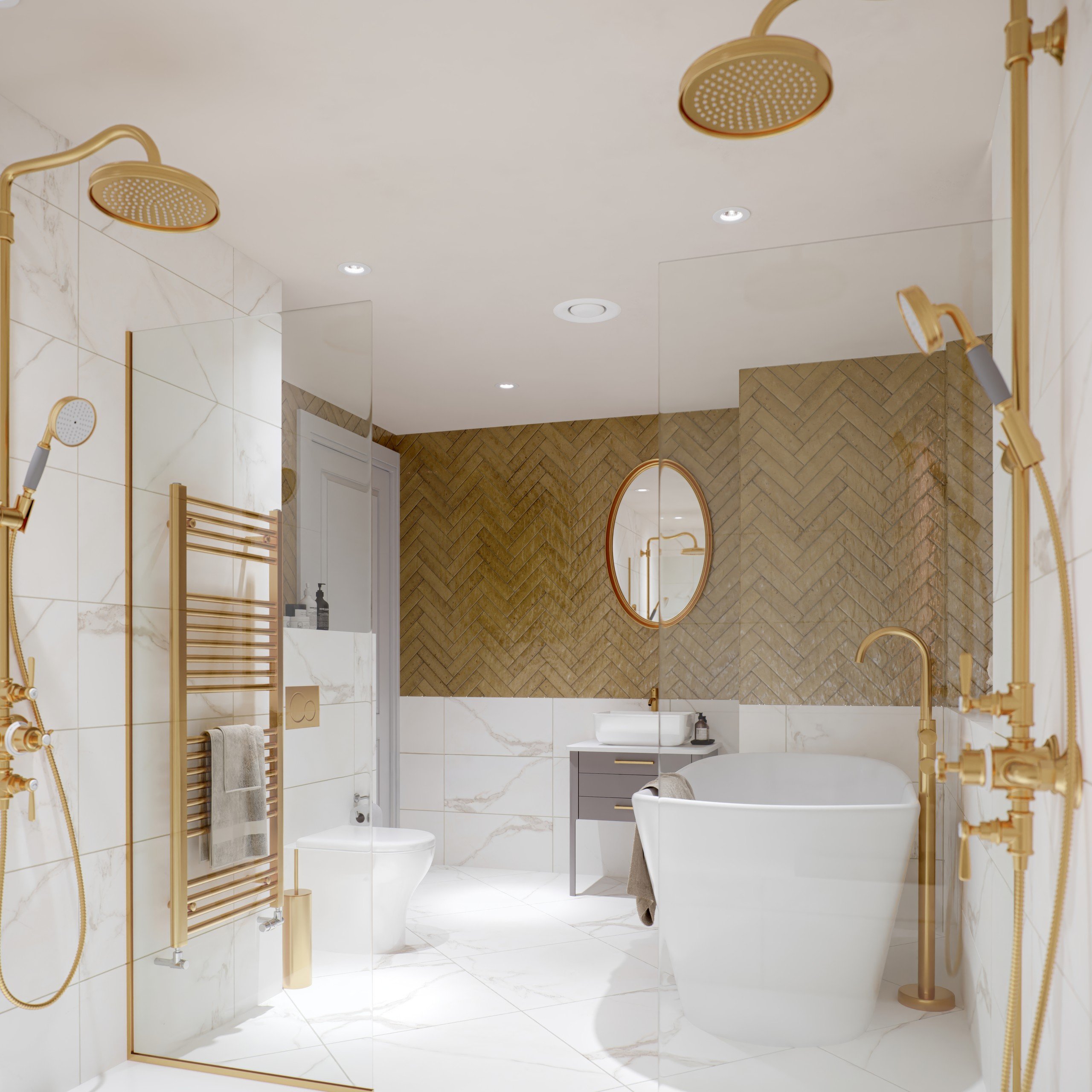 Luxurious bathroom with white marble tiles, gold fixtures, a freestanding tub, and a herringbone accent wall. Oval mirror above vanity.