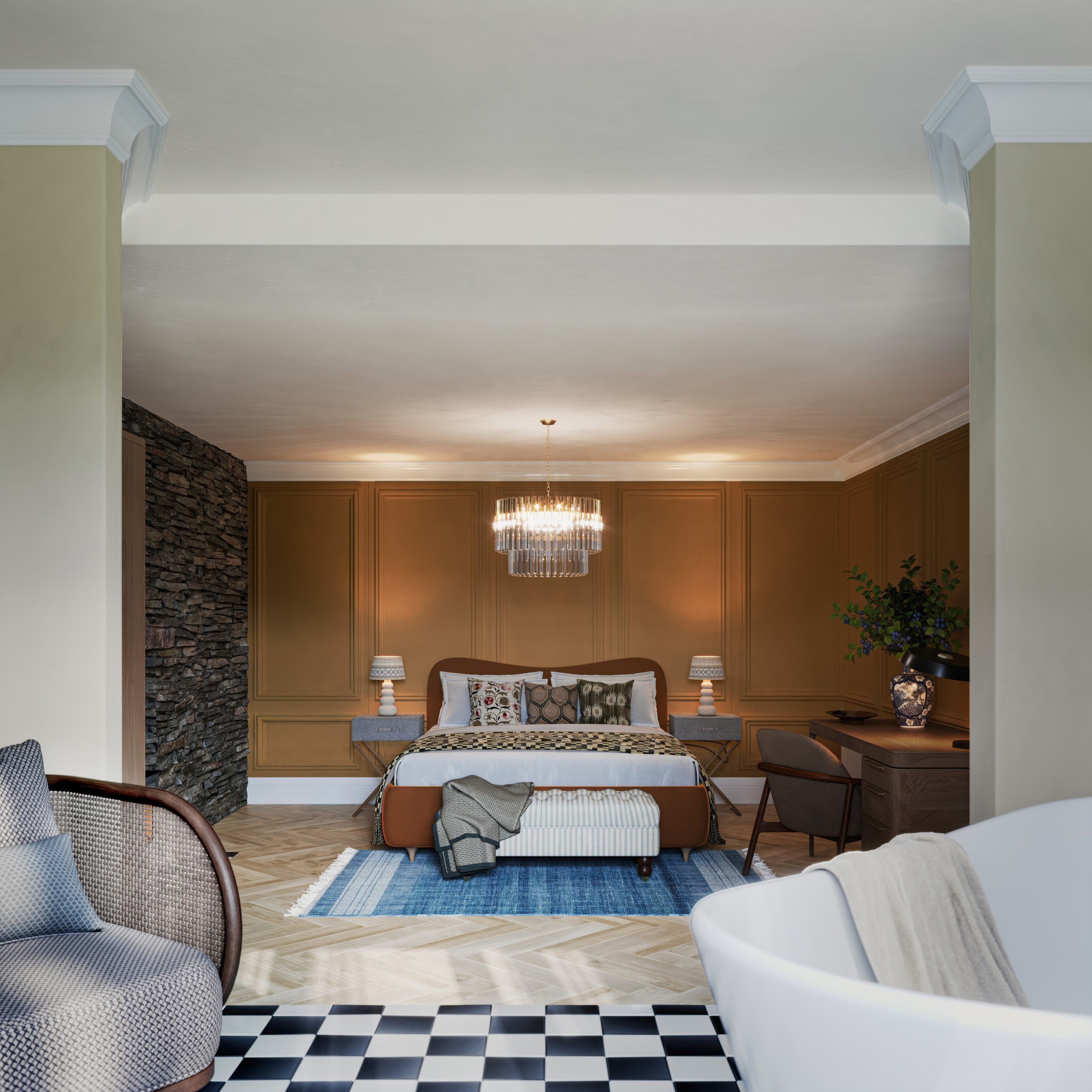 Elegant bedroom with a bed, pillows, and a crystal chandelier. Beige walls, blue rug, stone accent wall, and checkered floor add sophistication.