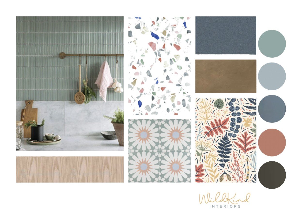Kitchen mood board with green tiles, utensils, and herbs. Includes floral, abstract patterns, color swatches, and "WildKind Interiors" logo.