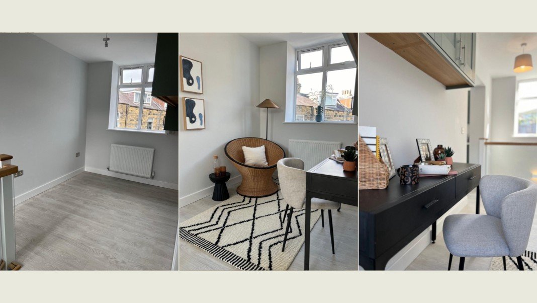Modern home interior collage: Empty room is the before, then cozy reading nook with wicker chair and rug, and a hallway desk with decor. Soft gray tones.