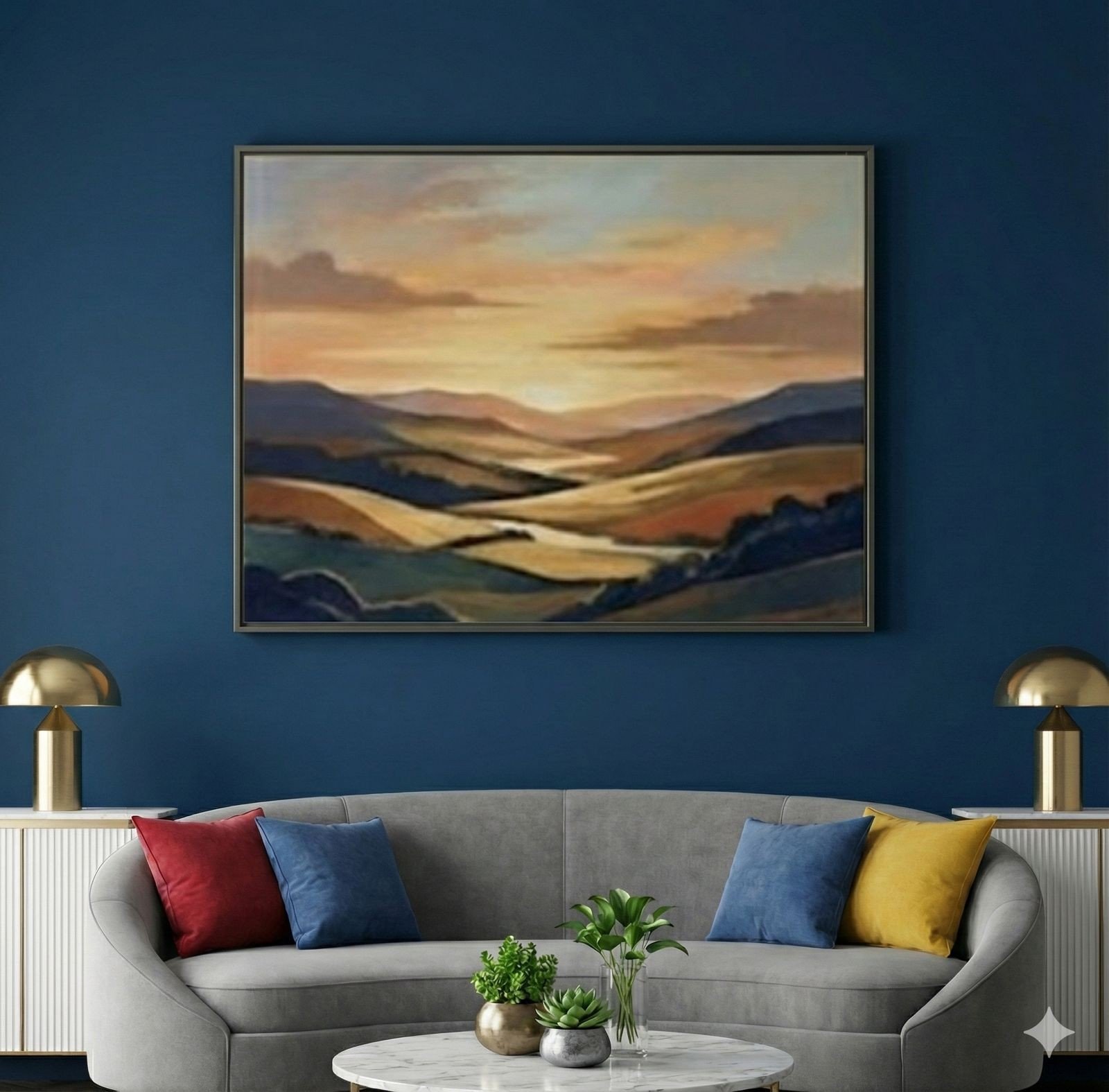 Stylish living room with a gray curved sofa, colored cushions, gold lamps, plants, and landscape painting on a blue wall. Calm ambiance.