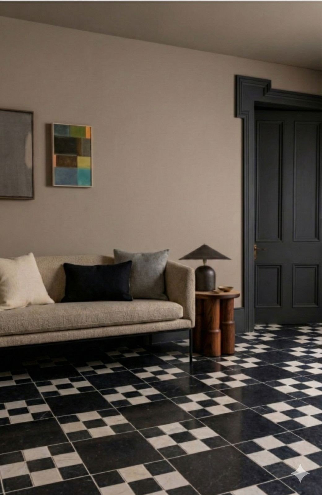 A beige sofa with mixed cushions sits on a black and white checkered floor. Abstract art hangs on the wall, next to a dark door.