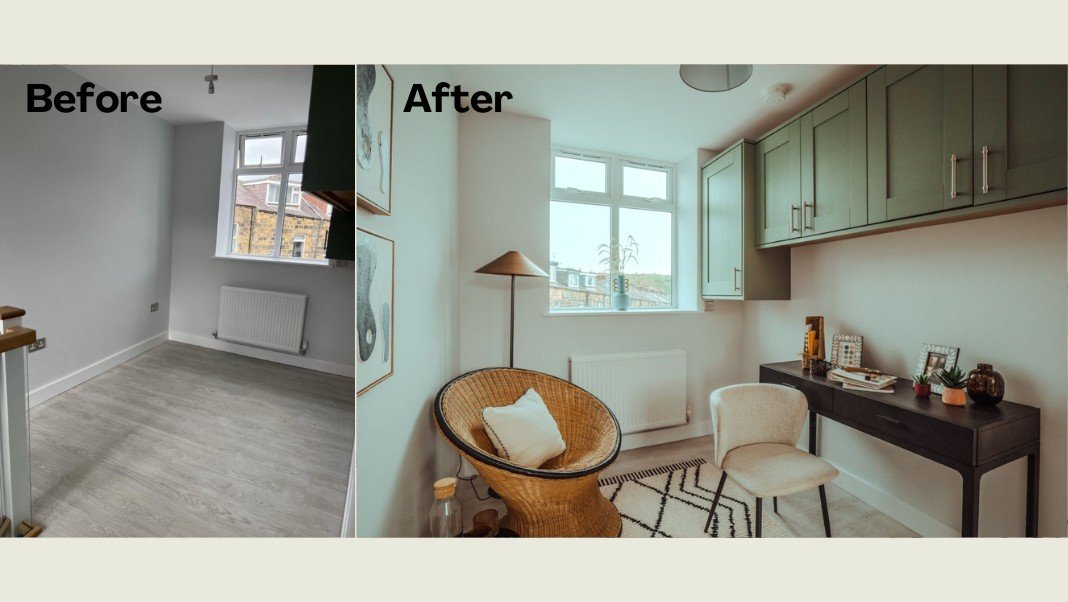 Before-and-after room transformation. Before: empty room, gray tones. After: cozy office with green cabinets, wicker chair, desk, decor.