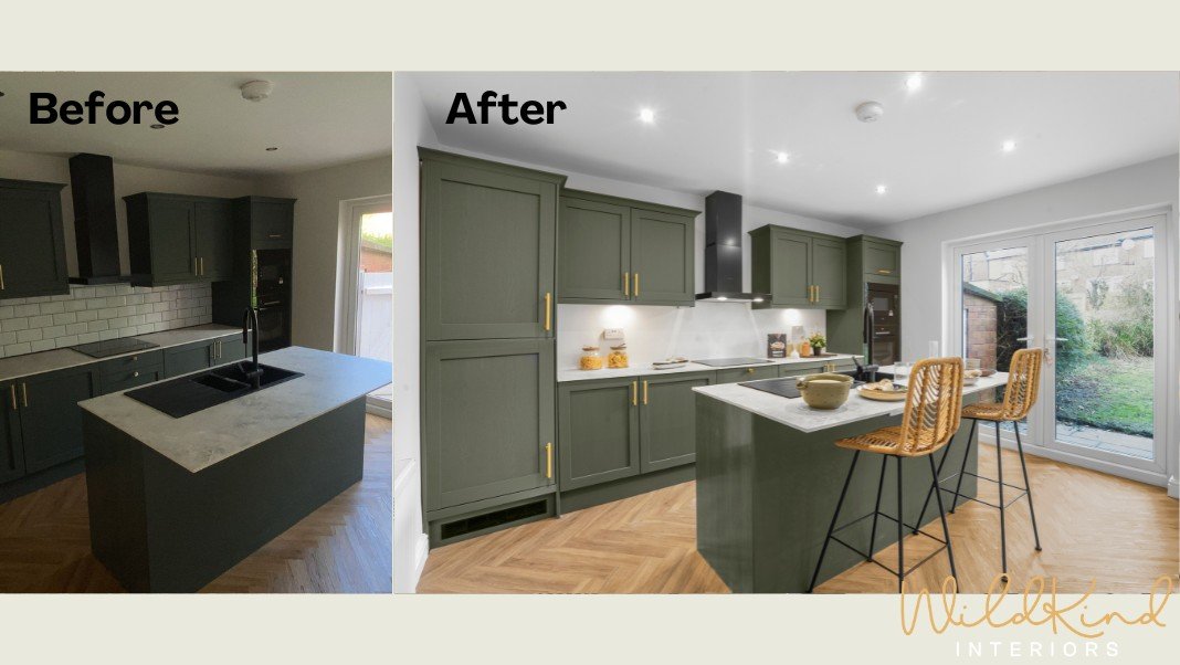 Before and after of kitchen renovation. Left: dark, minimal. Right: bright with green cabinets, island, bar stools, and patio doors.