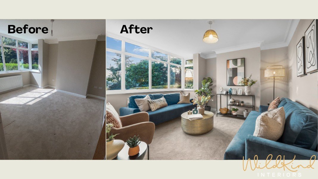 Before-and-after of a living room transformation. Left: empty, beige room. Right: furnished with blue sofas, plants, art, vibrant decor. WildKind Interiors logo.