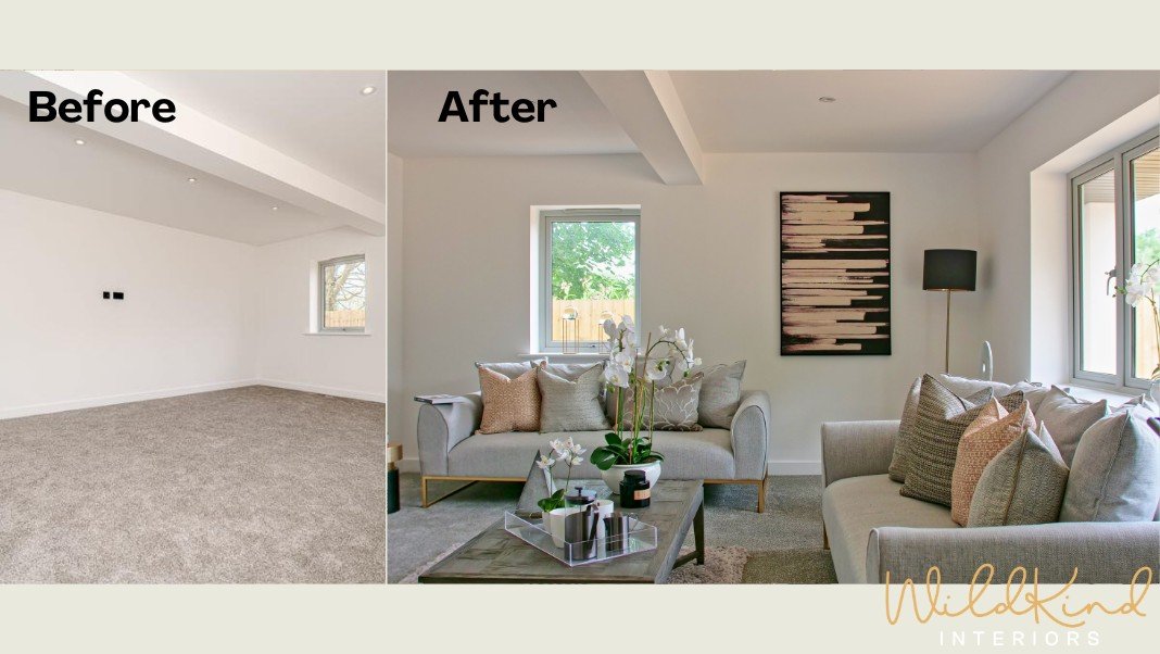 Before-and-after of a living room transformation. Left: empty room. Right: furnished with sofas, cushions, art, plants, and decor. Text: WildKind Interiors.
