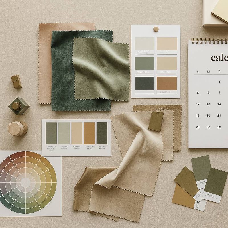 Fabric swatches, colour palettes and a calendar for scheduling and sourcing